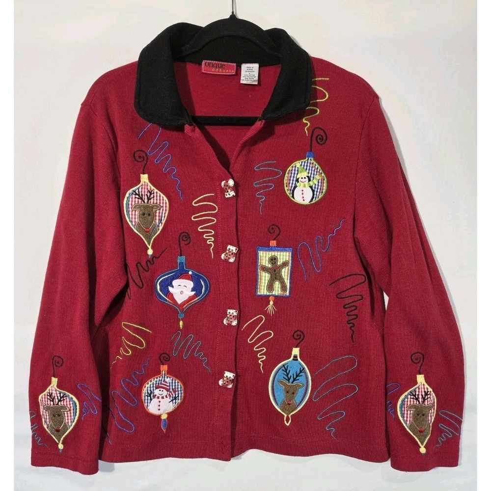 Onque Casuals Womens Christmas Cardigan Sweater Large Santa Reindeer‎ Ornaments